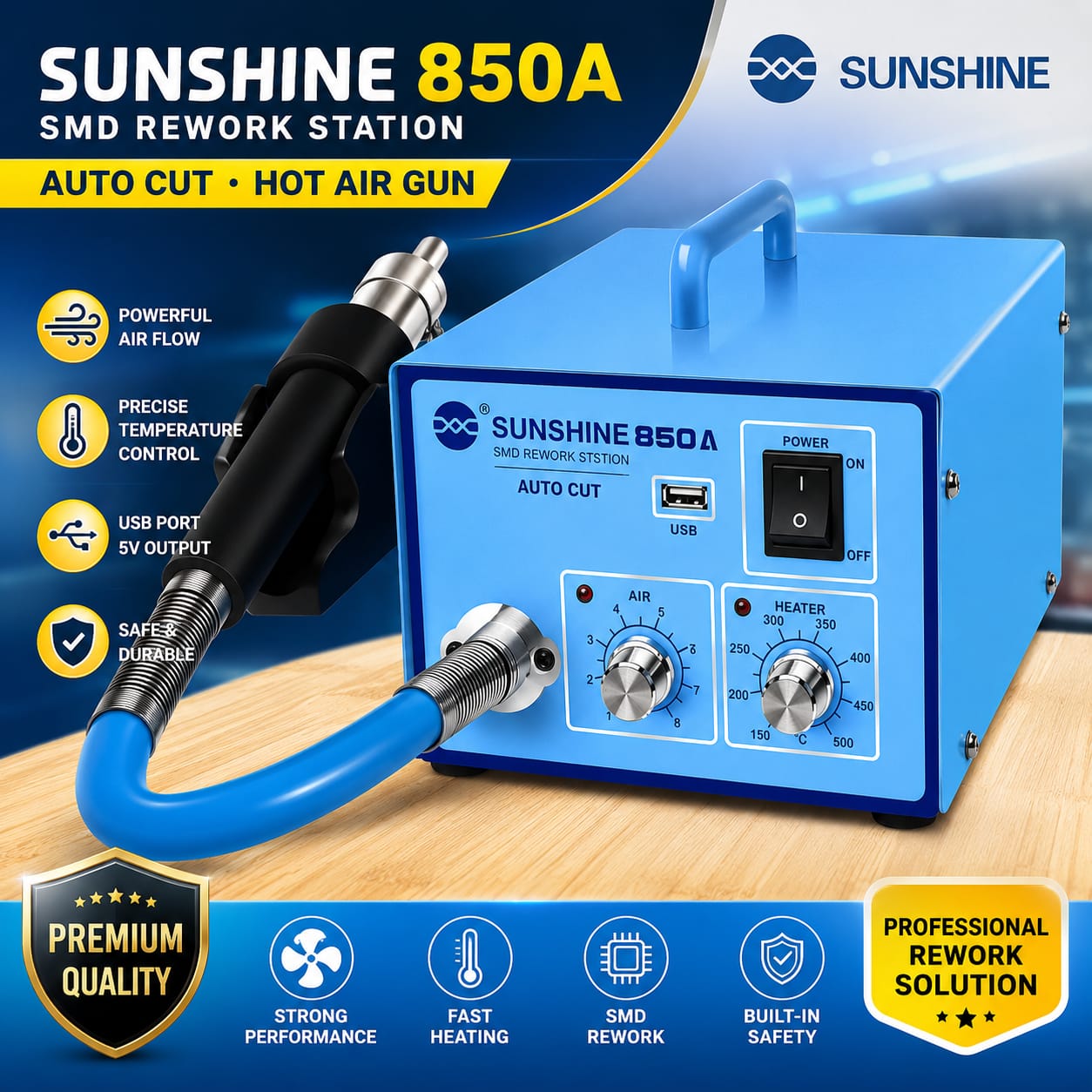 WhatsApp Image 2026-07-16 at 3.49.42 PM SUNSHINE 850A SMD Rework Station (Auto Cut Hot Air Gun) - Image 1
